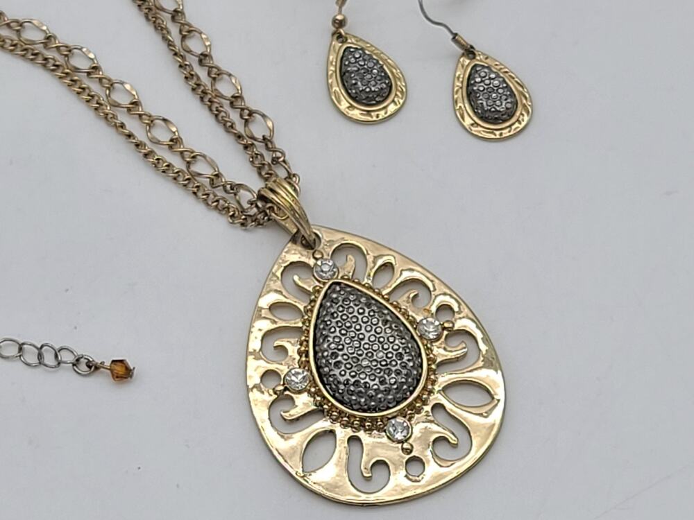 MIXIT Designer Double Chain Gold-Tone Teardrop Pendant Necklace & Earring Set